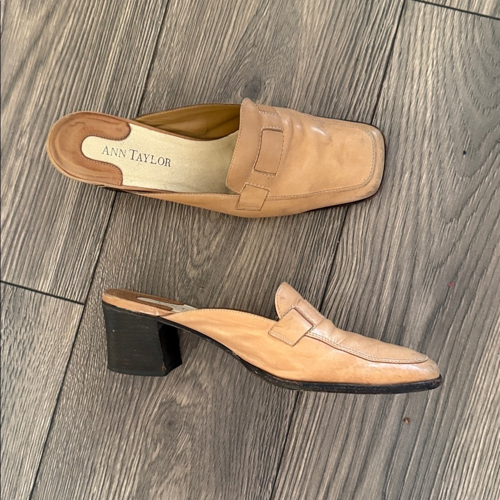 Ann Taylor Leather Sole slip on mule heel earthy tan size 8.5 square toe - Picture 13 of 14